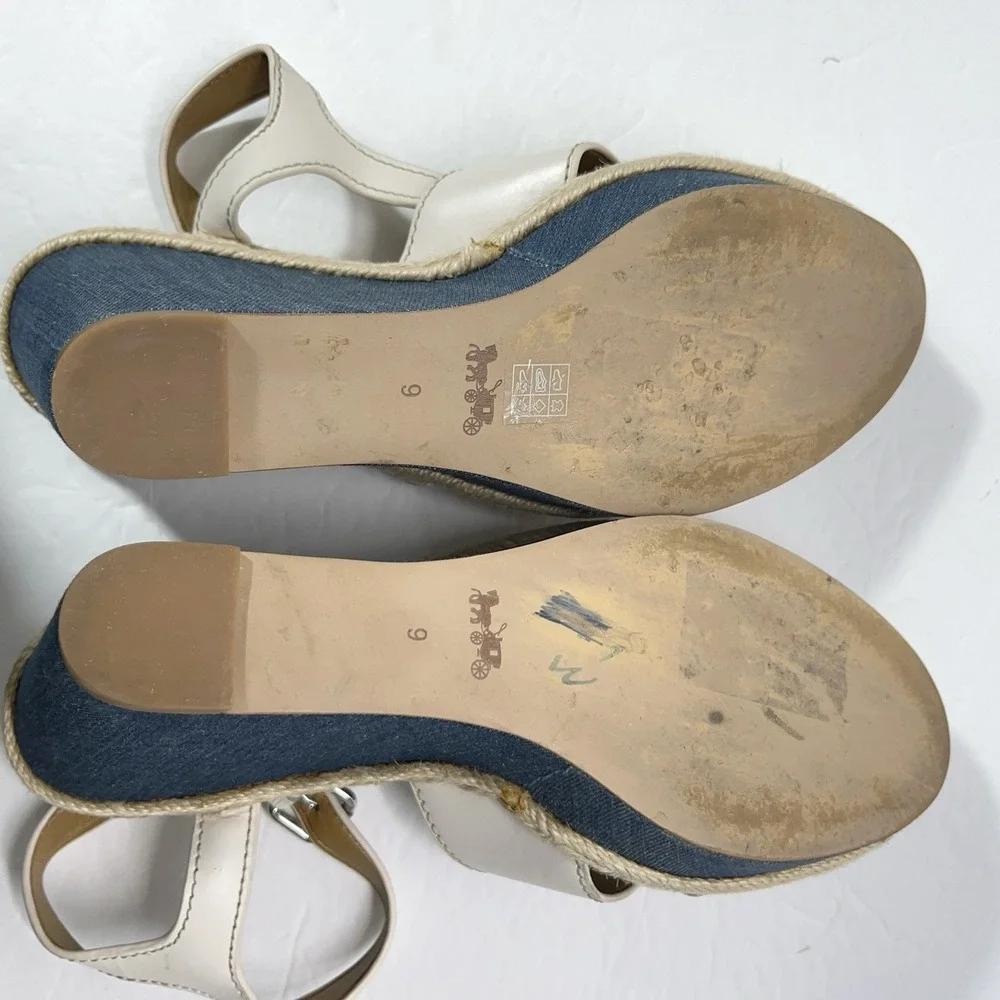 Coach Womens Eaton Chalk Ivory Leather Denim Wedge Platform Sandals Charm 9